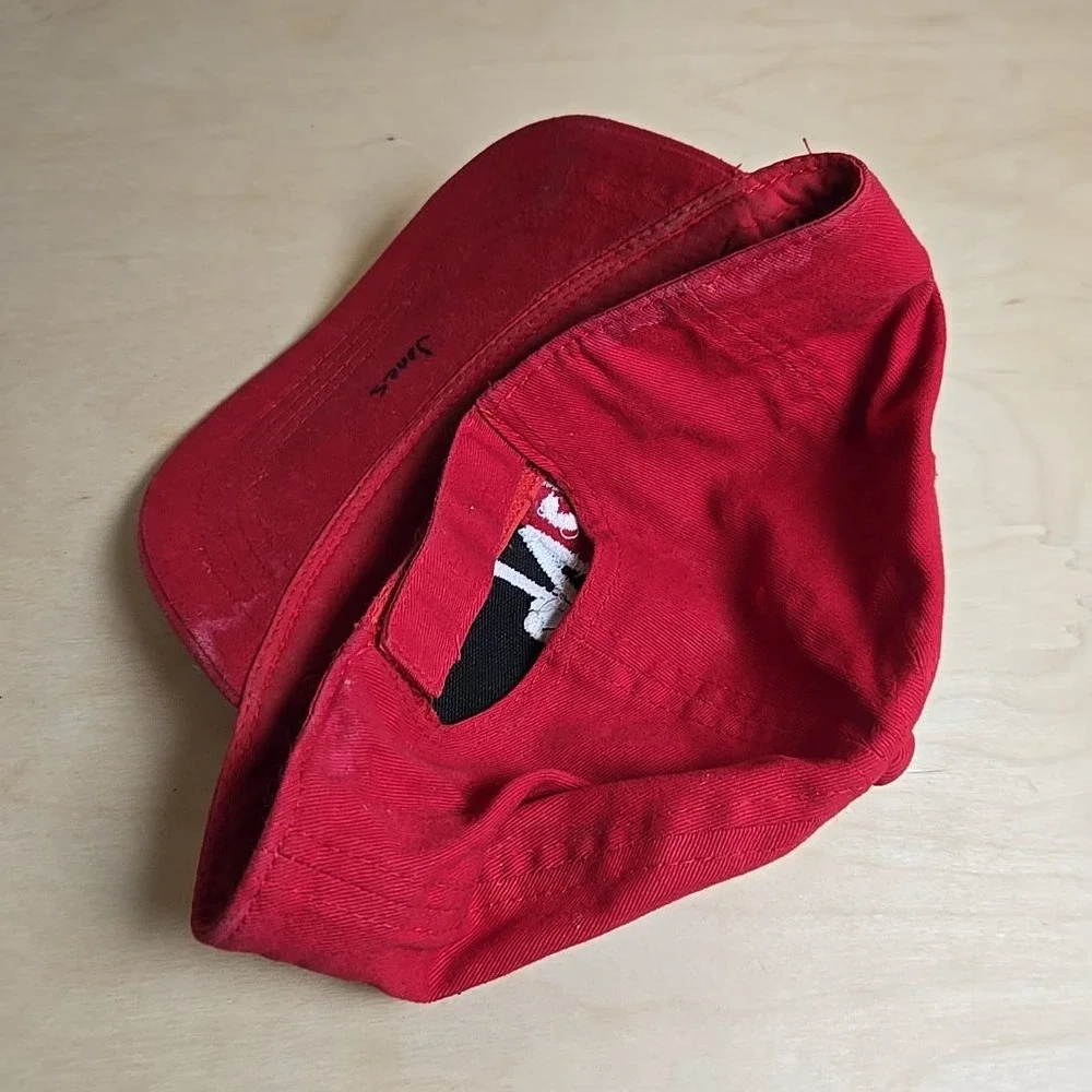 NW Youth Red Baseball Hat Embroidered White Letters Adjustable Otto Cap Stains‎